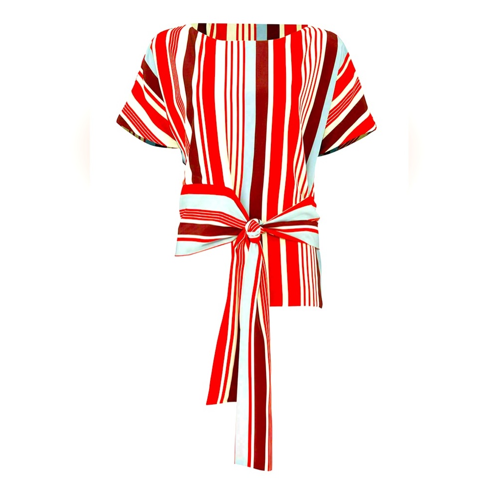 Striped Red and White Tie-Front Top by Delfi sized L